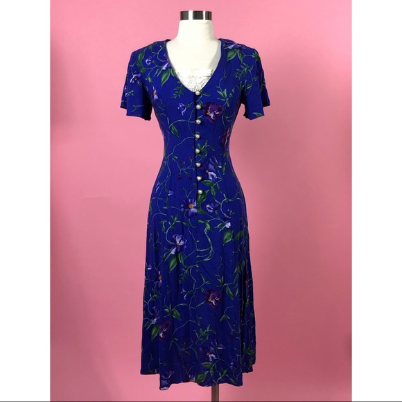 Vintage 80s floral button up purple midi dress 6S - Picture 1 of 7